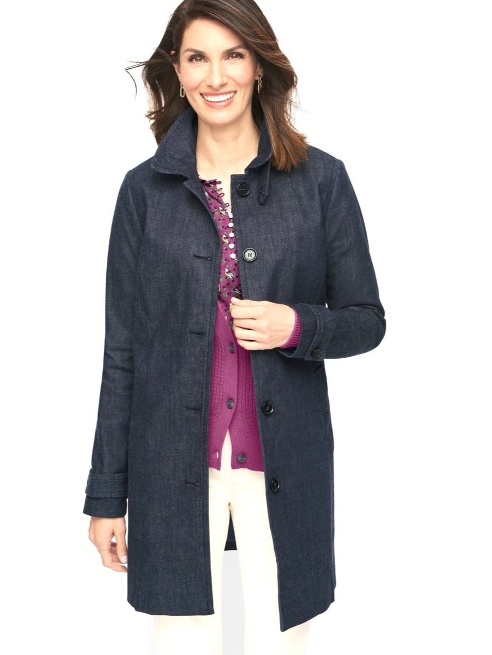 Talbots Refined Denim Trench Car Coat - Indigo Blue - Size M - Like New
